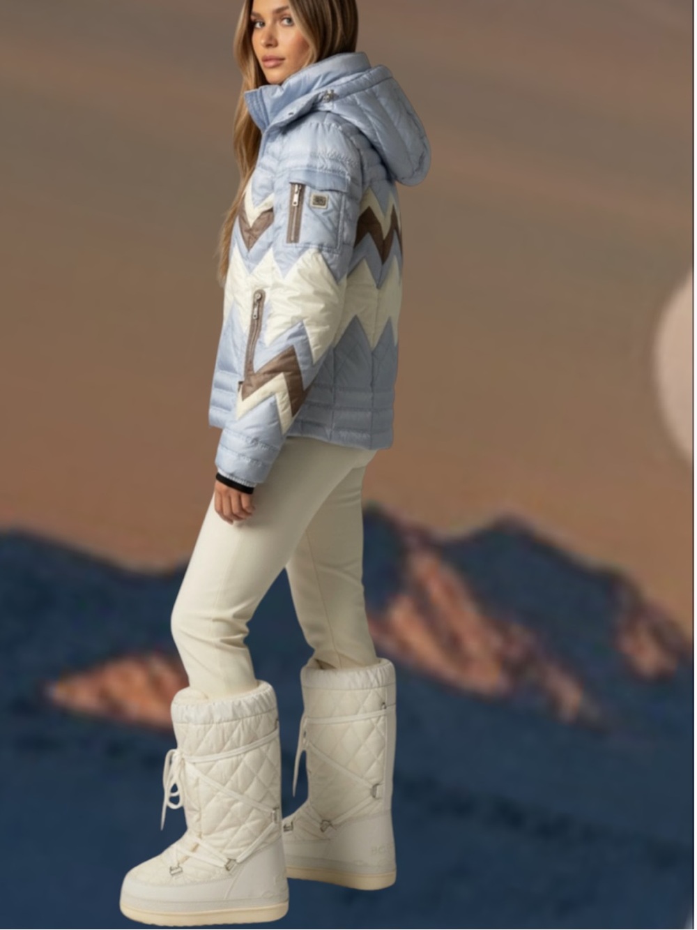 Bogner Light Blue Chevron Quilted Hooded Ski  Jacket Nara- D